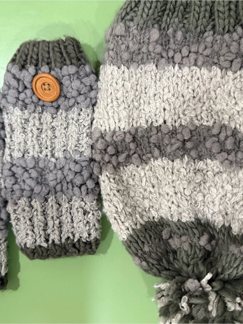 Striped Gray Knit Pom Beanie and Mittens Set with Button Accent